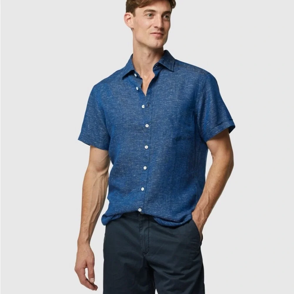 Hugo Boss Blue Linen Blend SS Button Up Shirt M - Picture 1 of 7